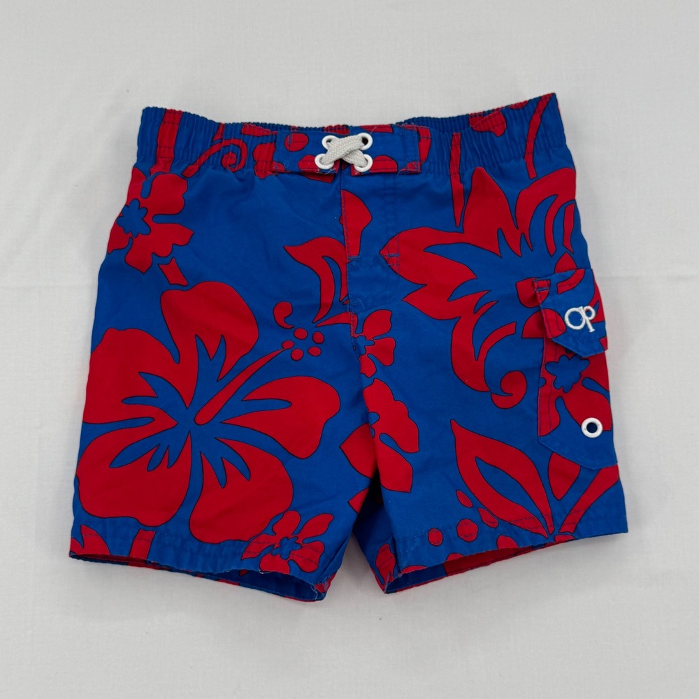 Ocean Pacific Boys Sz 18M Board Shorts Blue & Red Hibiscus Floral OP Swim Trunks